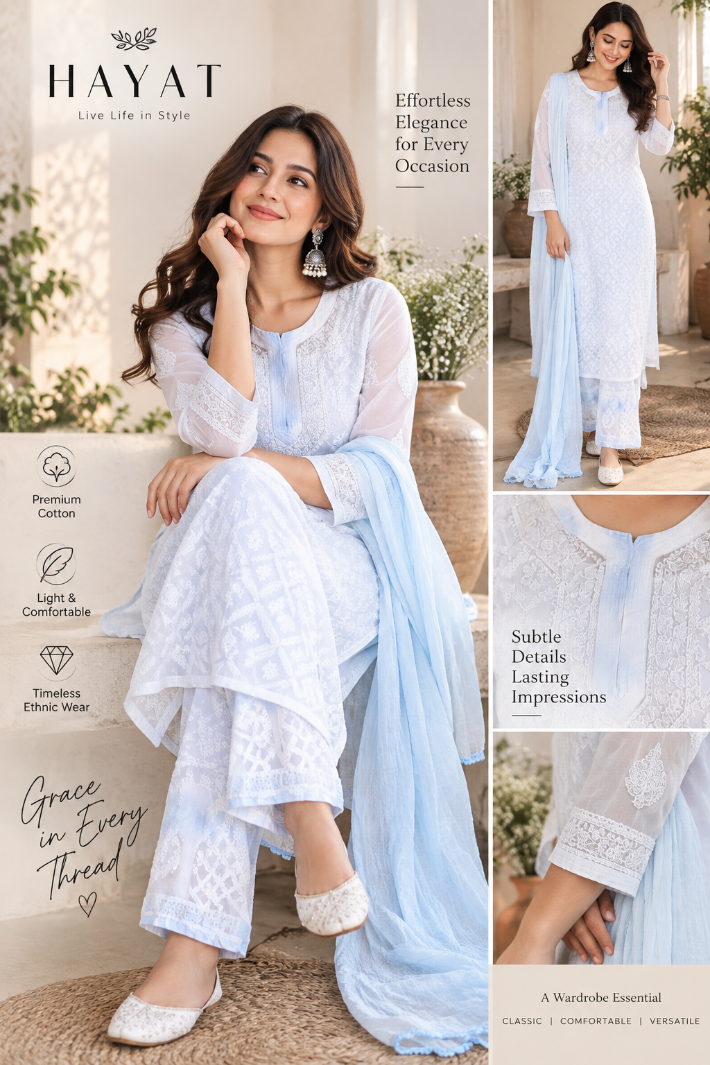 Tie Dye Chikankari Hand Work Georgette Kurta with Detachable Cotton Lining