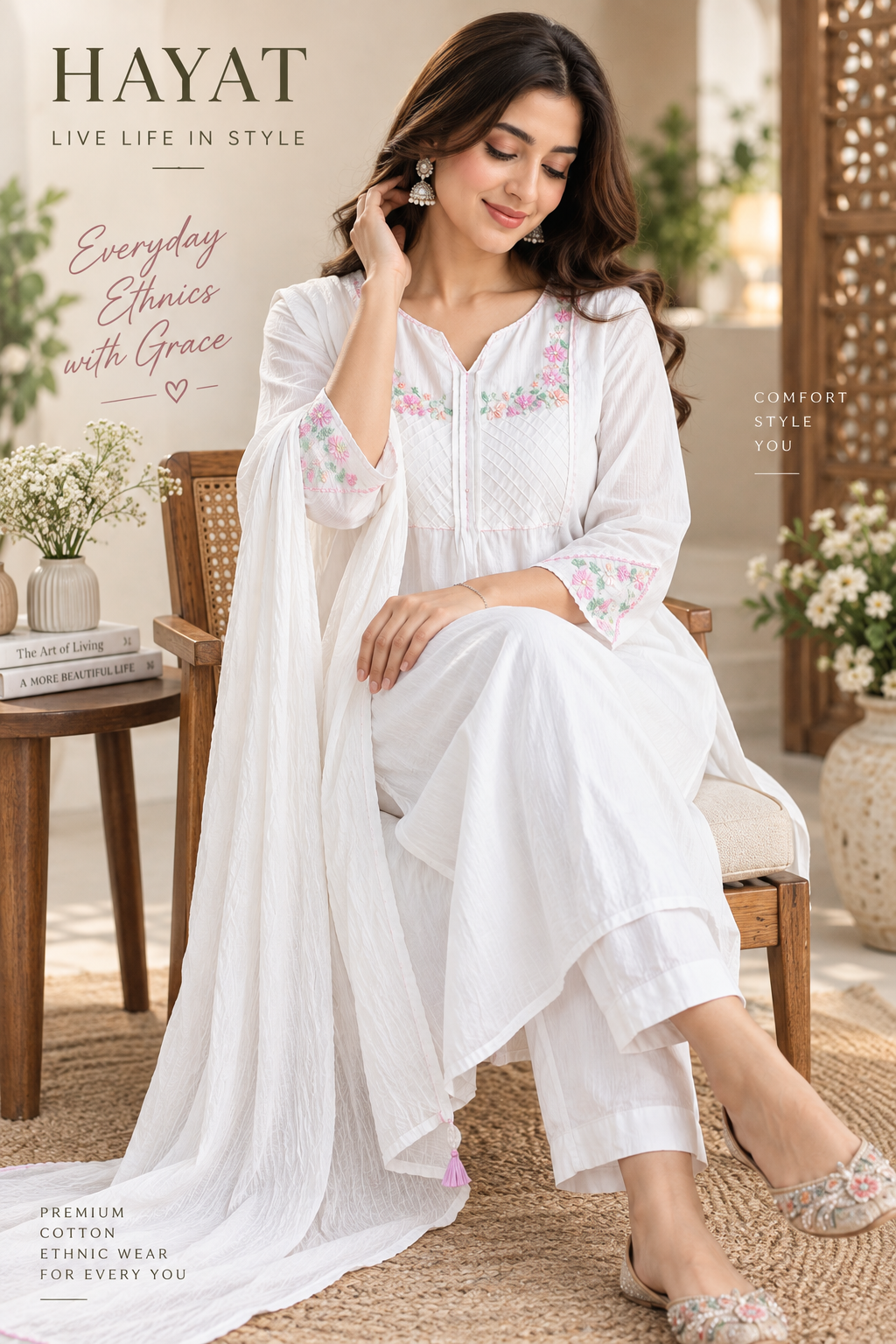 A-Line Hand Work Kurta with Mal Lining, Dupatta Mal Cotton Embroidered, Bottom Cotton Pants