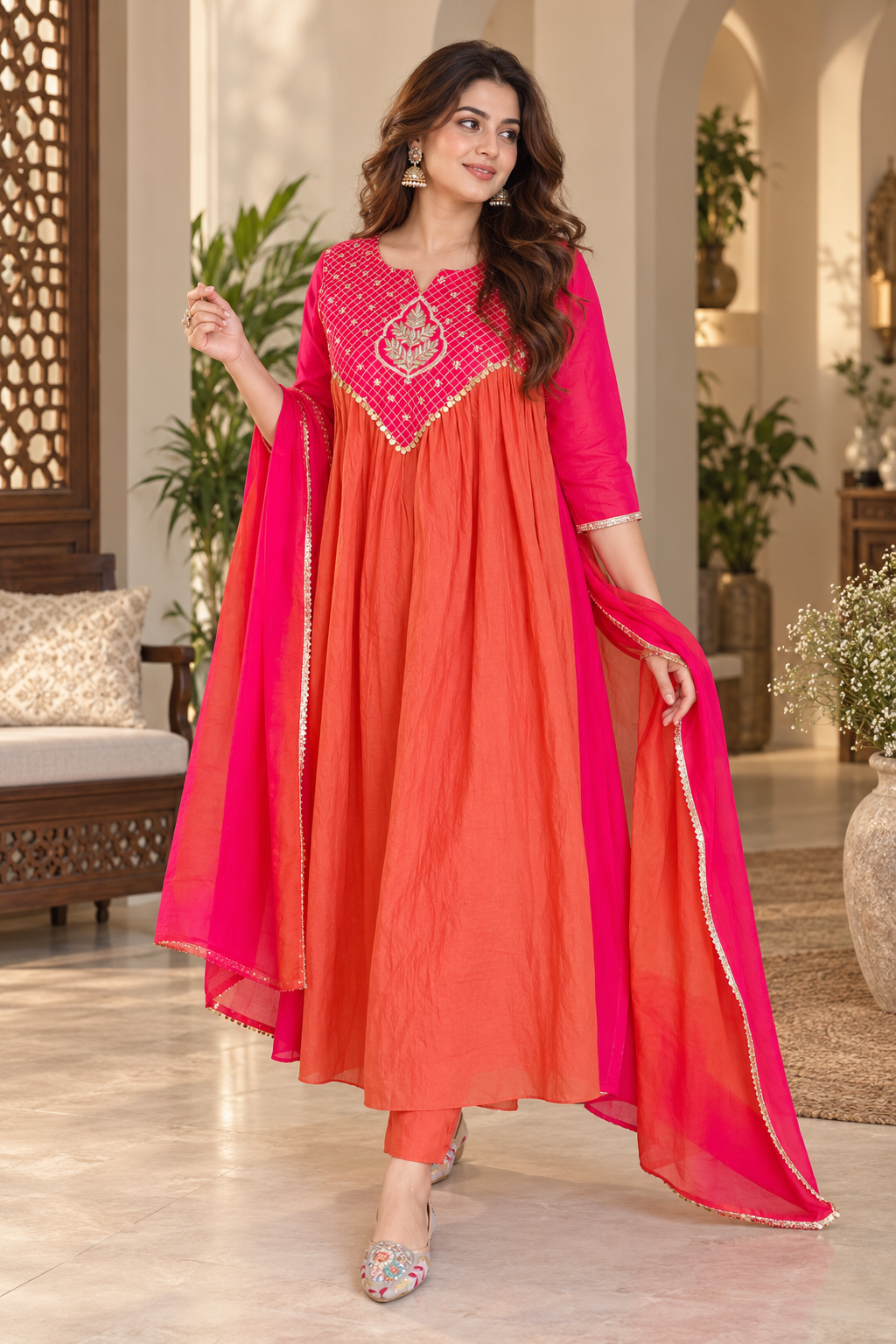 A-Line Gathered Designer Hand Work Pure Mal Chanderi Silk Kurta with Crepe Dupatta Santoon Pants