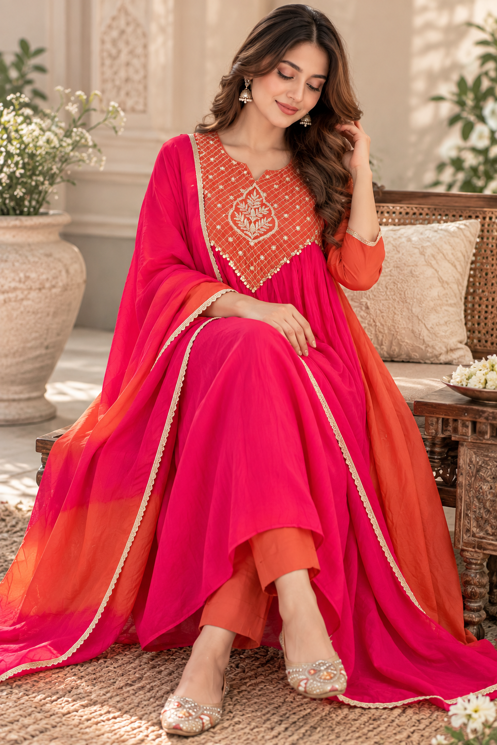 A-Line Gathered Designer Hand Work Pure Mal Chanderi Silk Kurta with Crepe Dupatta Santoon Pants