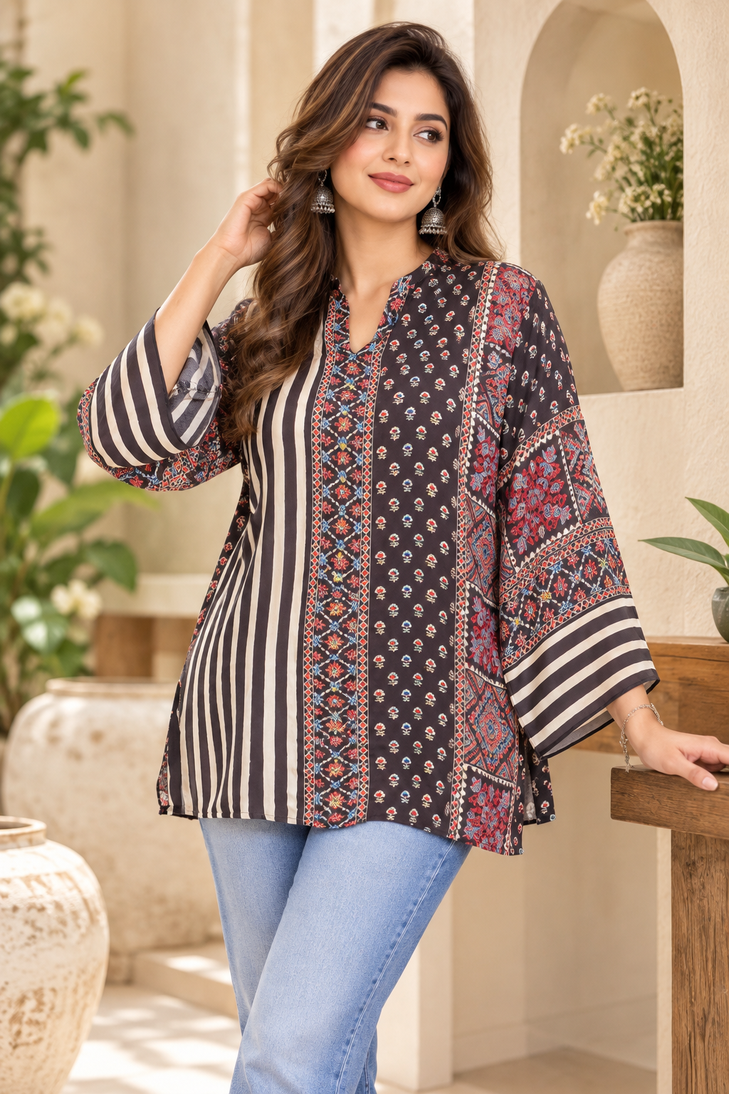 Premium Designer Ajrakh Printed Pure Crepe Shirt with Hand Embellishments ( Color : Black )