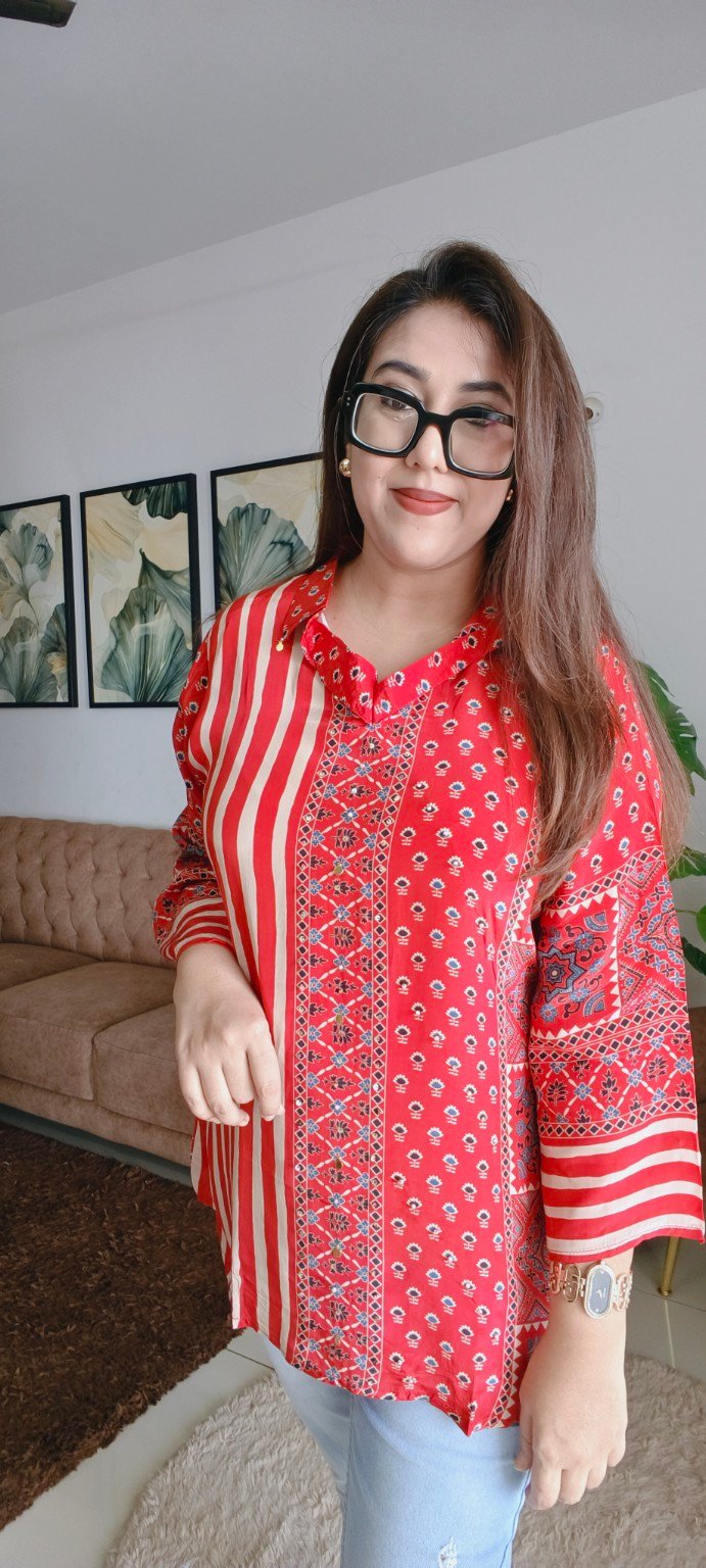 Premium Designer Ajrakh Printed Pure Crepe Shirt with Hand Embellishments ( Color : Maroonish Red )