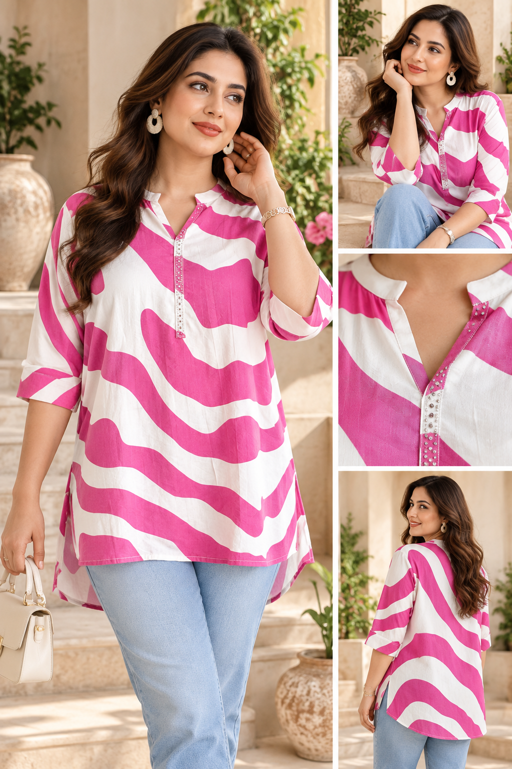 Premium Printed Pure Cotton Shirt with Hand Embellishments ( Color : Dark Lavender and White )