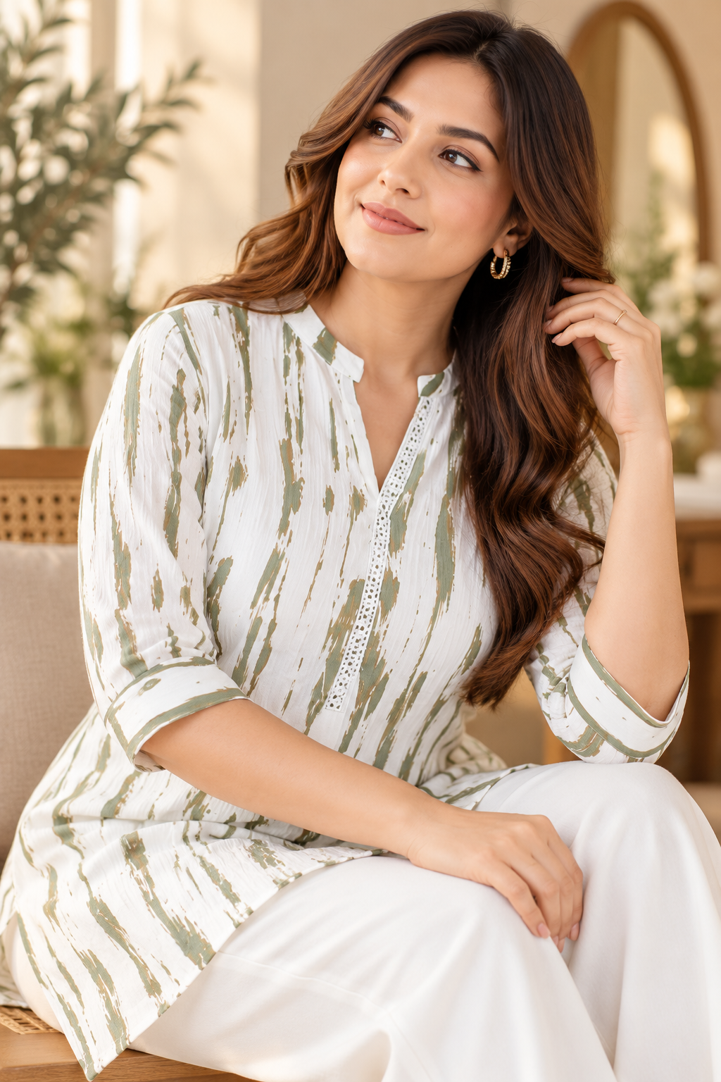 Premium Printed Pure Cotton Shirt with Hand Embellishments ( Color : Off White with Olive Green )