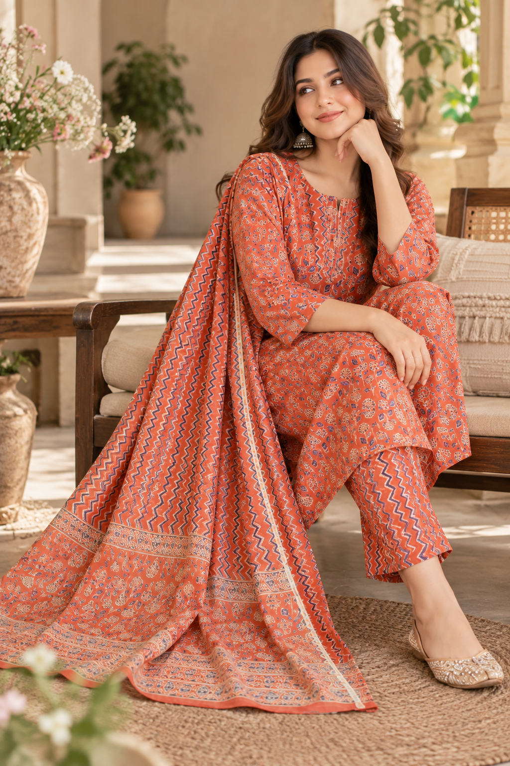 Ajrakh Printed Cotton Kurta with Cotton Pants (with pocket) and Pure Cotton Printed Dupatta.