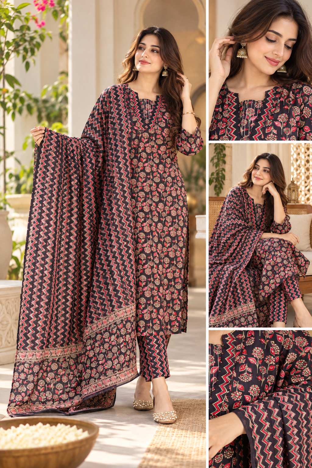 Ajrakh Printed Cotton Kurta with Cotton Pants ( with pocket ) and Pure Cotton Printed Dupatta.