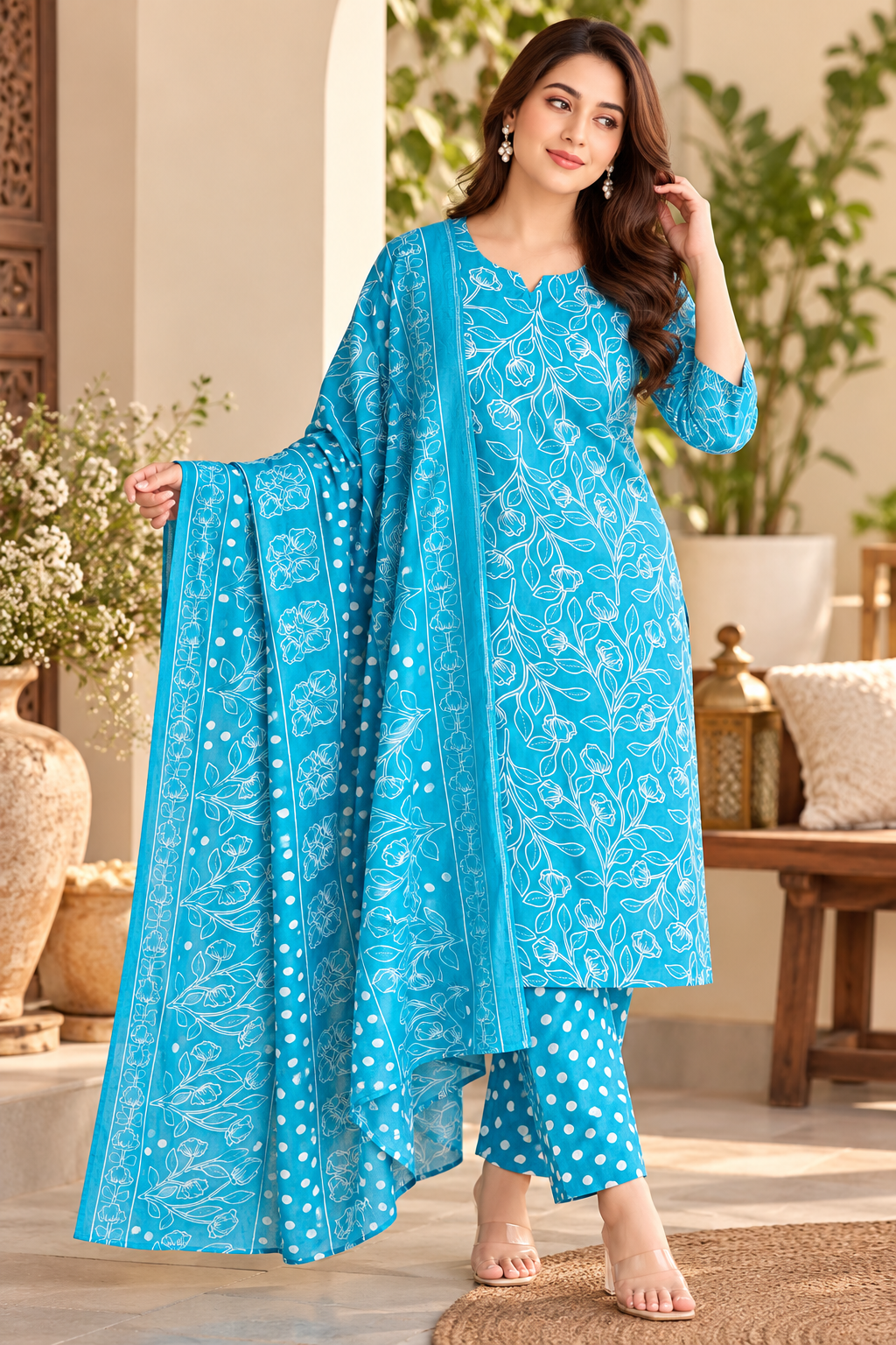 Ajrakh Printed Cotton Kurta with Cotton Pants ( with pocket ) and Pure Cotton Printed Dupatta.