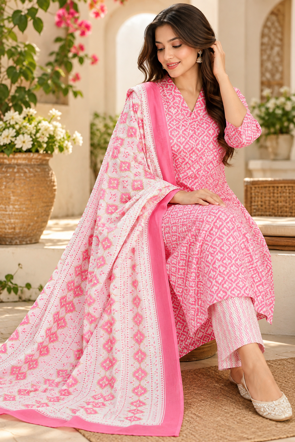 Ajrakh Printed Cotton Kurta with Cotton Pants ( with pocket ) and Pure Cotton Printed Dupatta.