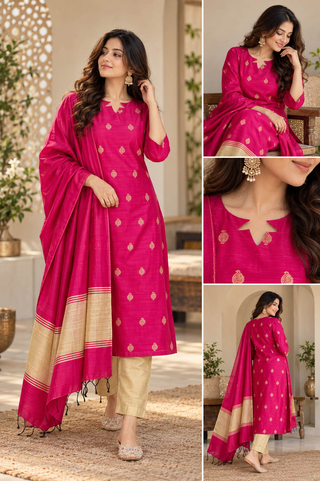 Jamdani Cotton Silk Weaved Kurta with Cotton Lining Dupatta Cotton Silk Bottom with Pocket