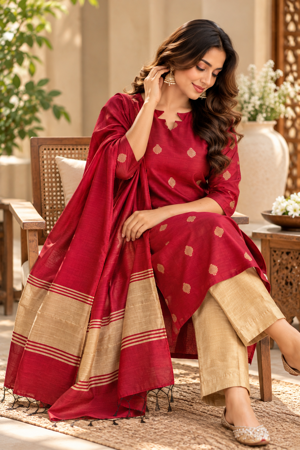 Jamdani Cotton Silk Weaved Kurta with Cotton Lining Dupatta Cotton Silk Bottom with Pocket